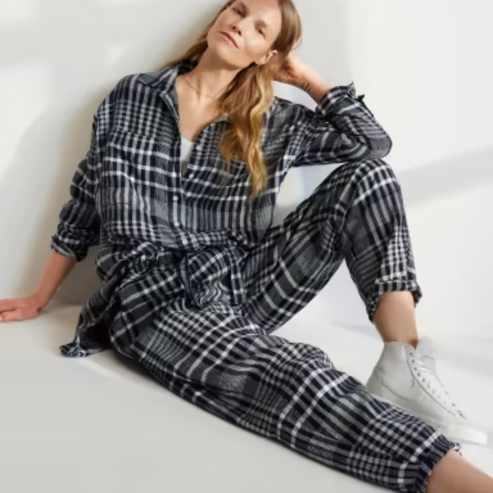Everlane The Linen Pull On Barrel Pant Navy Blue Plaid Large   NEW IN PACKAGE